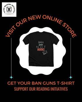 box with black t-shirt with the words ban guns not books on it