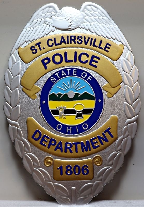 PP-1569 - Badge Plaque of the St. Clairsville Police Department, Ohio, 3-D HDU Artist-Painted with Metallic Accents