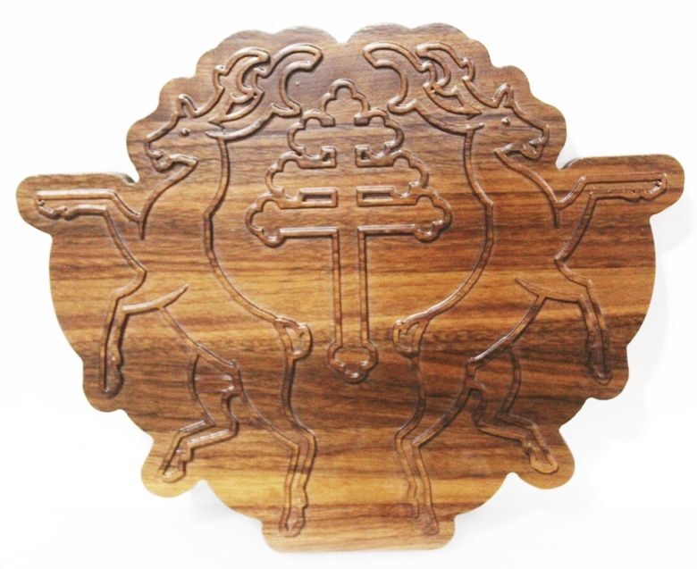 XP-3505 - Carved  2.5-D Raised Outline Relief Mahogany Plaque of a Coat-of-Arms with Two Rampant Deer and a Byzantine Cross 