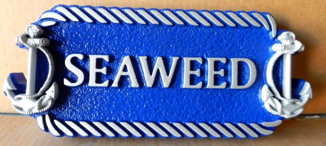 L21876 - Carved Quarterboard Beach House Sign "Seaweed" with Rope Border and 3-D Carved Ships Anchors