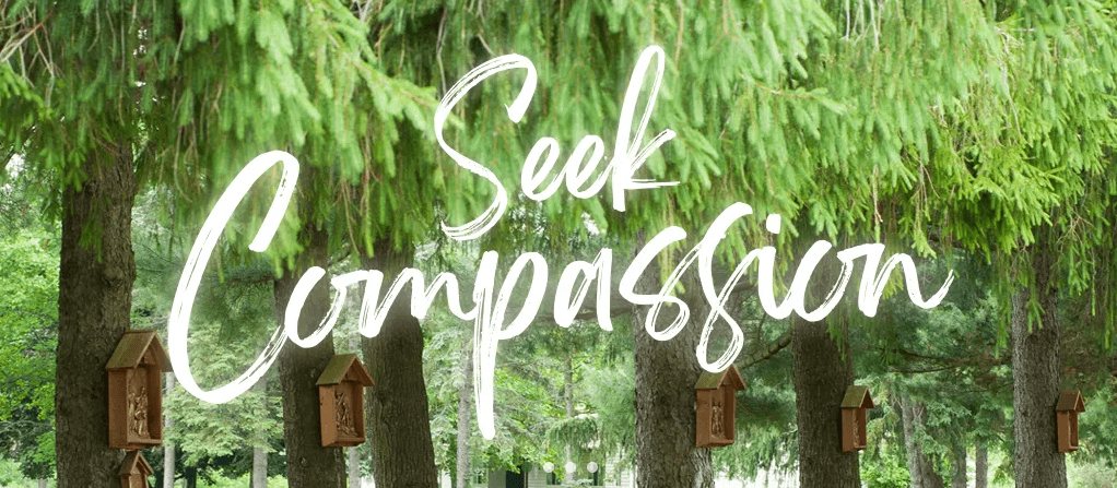 The words Seek Compassion appear in cursive on top of the trees at the Maryville Retreat Center.