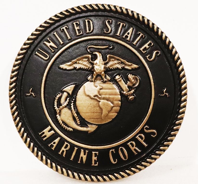 KP-1134 - Carved Plaque of the Emblem of the US Marine Corps, 3-D Brass-Plated 
