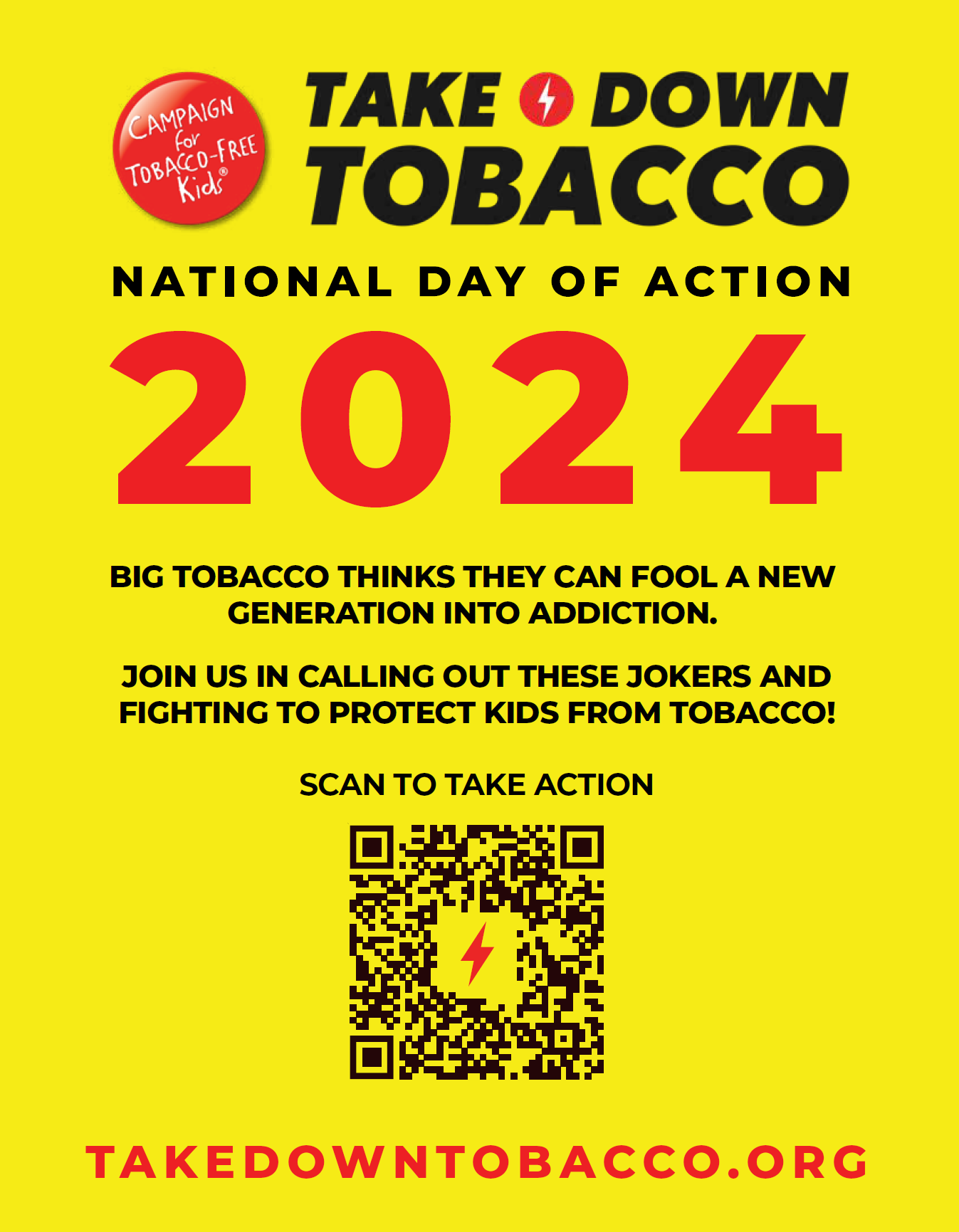 “Take Down Tobacco Action QR Code” 8.5x11 in flyer