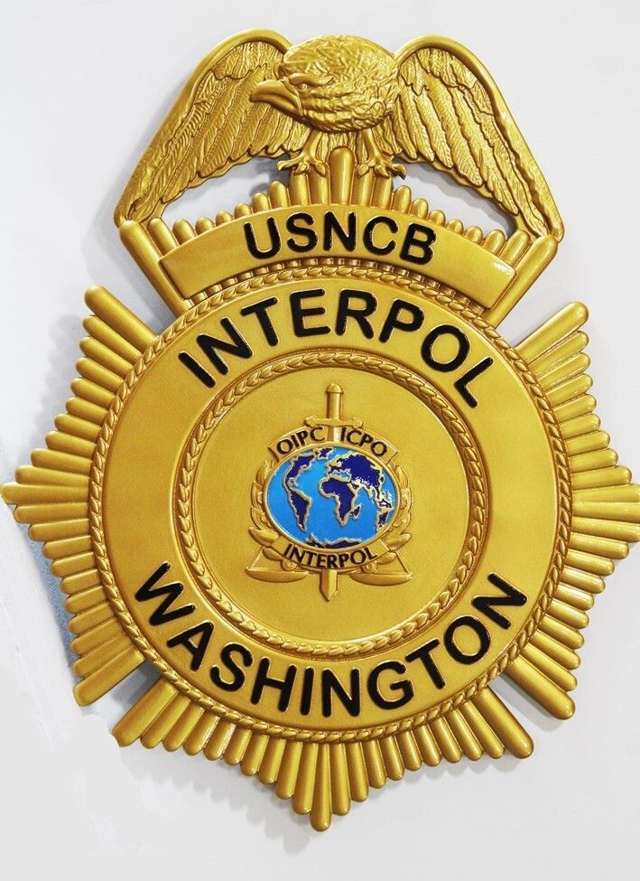 PP-1429 - Carved 3-D High-Density-Urethane Plaque of the Badge of  an Officer of the United States National Central Bureau (USNCB) of Interpol 