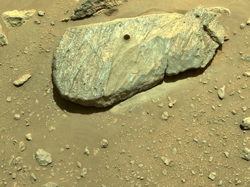 NASA’s Perseverance rover successfully collected its first sample, a core drilled from this rock on the Martian surface.