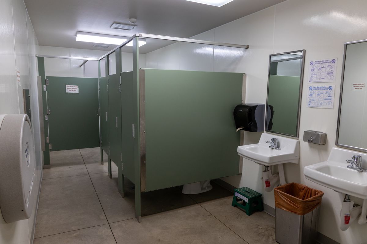 An image taken inside of the multi-stall women's restroom in the Red Barn.