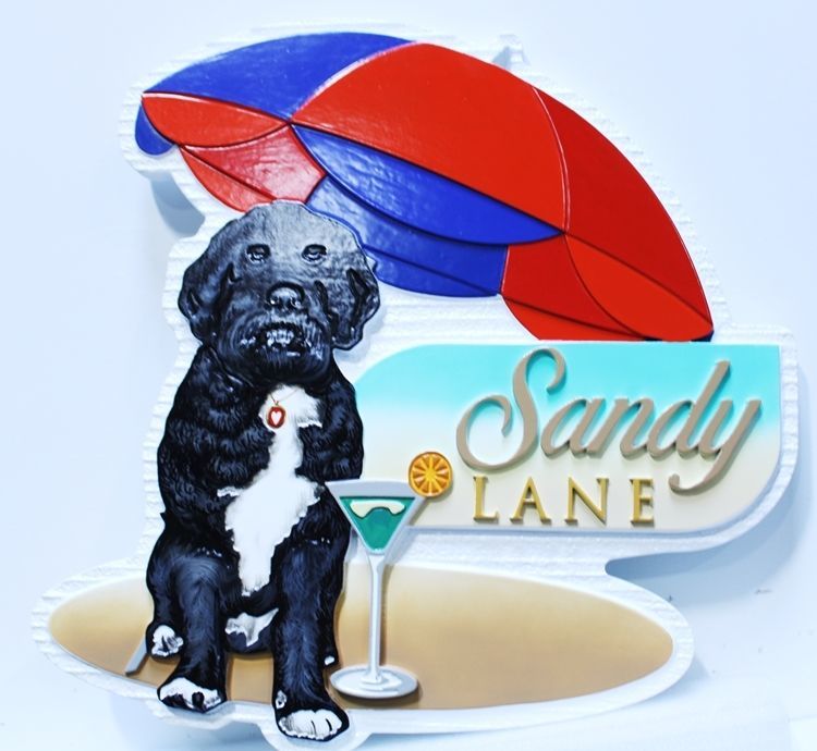 L21069A - Carved Beach House Sign for "Sandy Lane" with a Dog with Sunglasses, a Drink and Surfboard under an Umbrella as Artwork