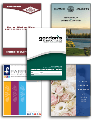 collage of five printed presentation folders