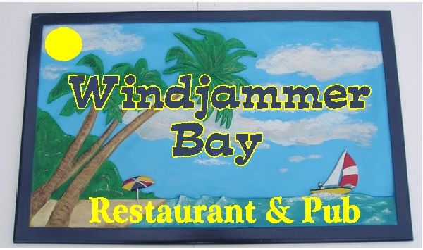 Q25164 - Design of Carved Wood Sign for Windjammer Bay Restaurant and Pub with Sailboat, Palm Trees and Beach