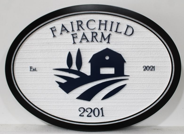 O24813A - Carved 2.5-D and Sandblasted Wood Grain  Entrance Sign for the "Fairchild Farm", with a Stylized Barn and Crop Field as Artwork