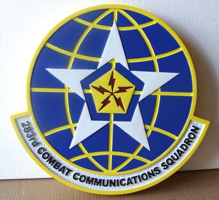 LP-4340- Carved Round Plaque of the Crest of the 283rd Combat Communications Squadron, Artist Painted
