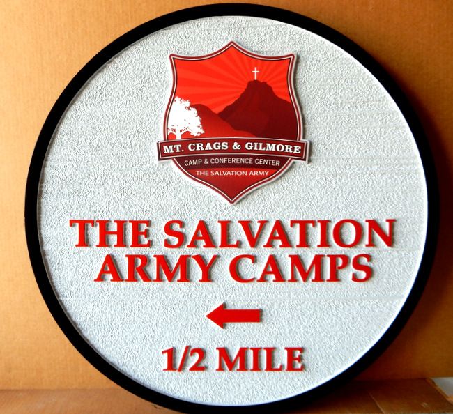 G16333 - Outdoor Directional Camp Sign with Arrow for Salvation Army Camp, with Salvation Army Logo of Cross and Mountain