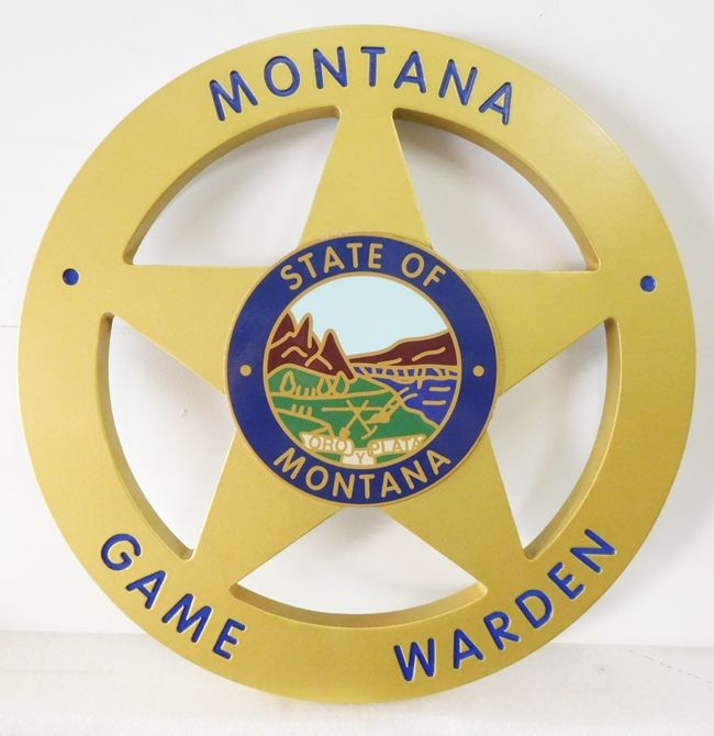 PP-1810 - Carved Plaque of the Badge of Montana Game Warden, Metallic Gold Painted