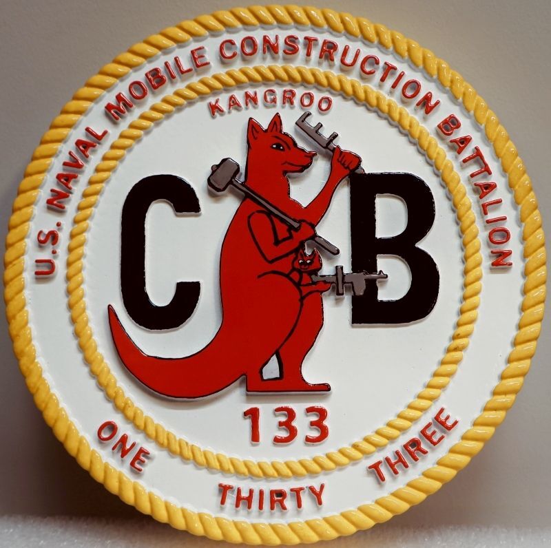 JP-2341 - Plaque of the Emblem of U.S. Naval Mobile Construction Battalion 133, 2.5-D Artist-Painted