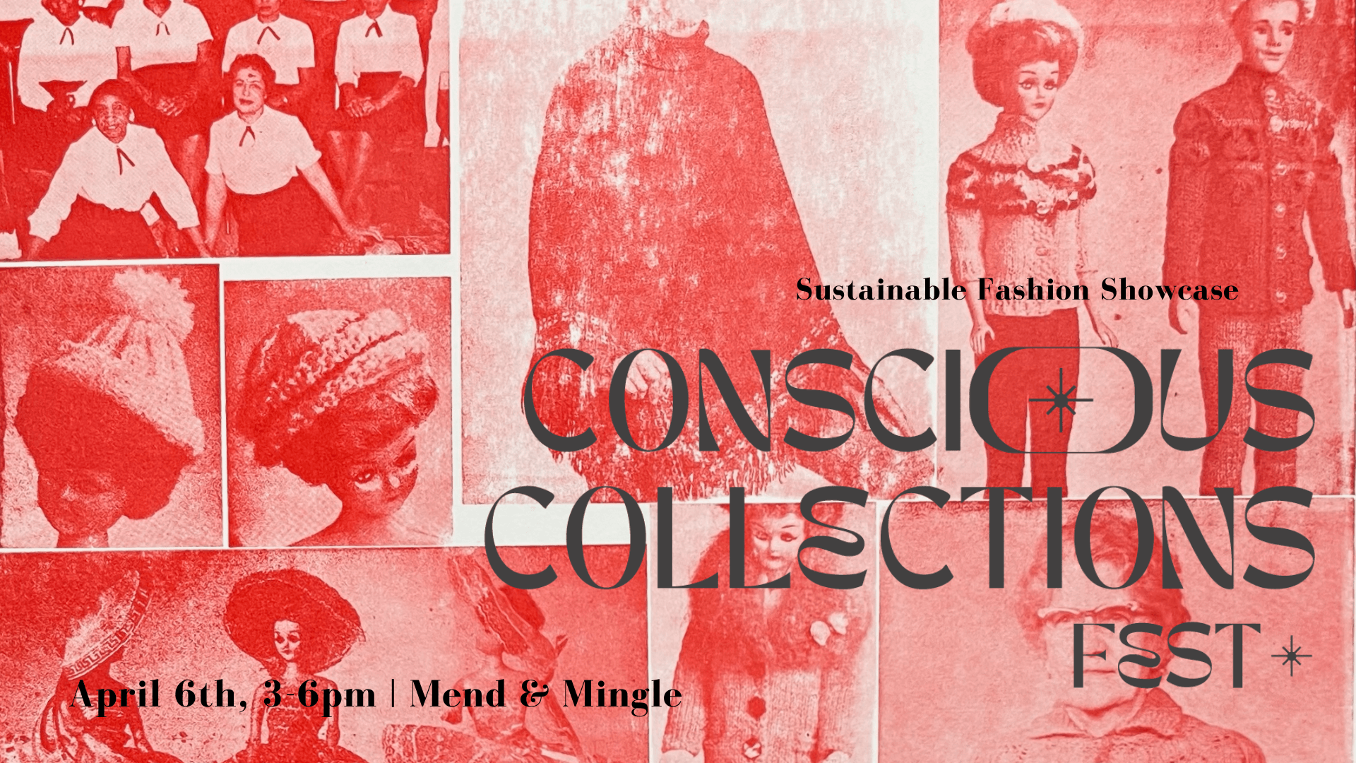 Collage flyer advertising Conscious Collections, April 6, at the Joslyn Castle Carriage House