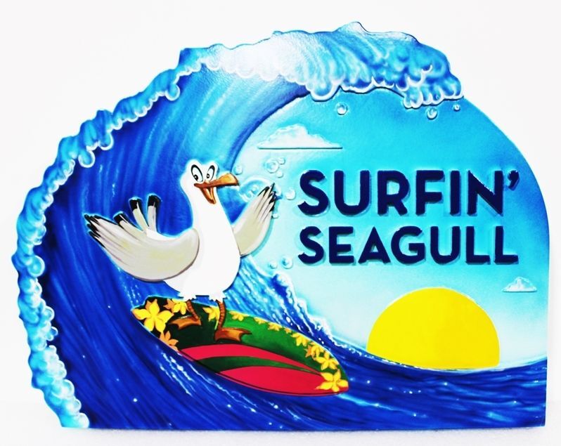 L21709 - Carved Surfing Sign, "Surfin' Seagull” , featuring  an Artist-painted  Happy Seagull on  a Surfboard under a Big Wave