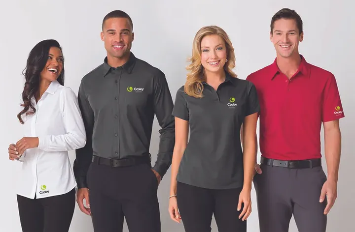 Employees wearing coordinated branded apparel