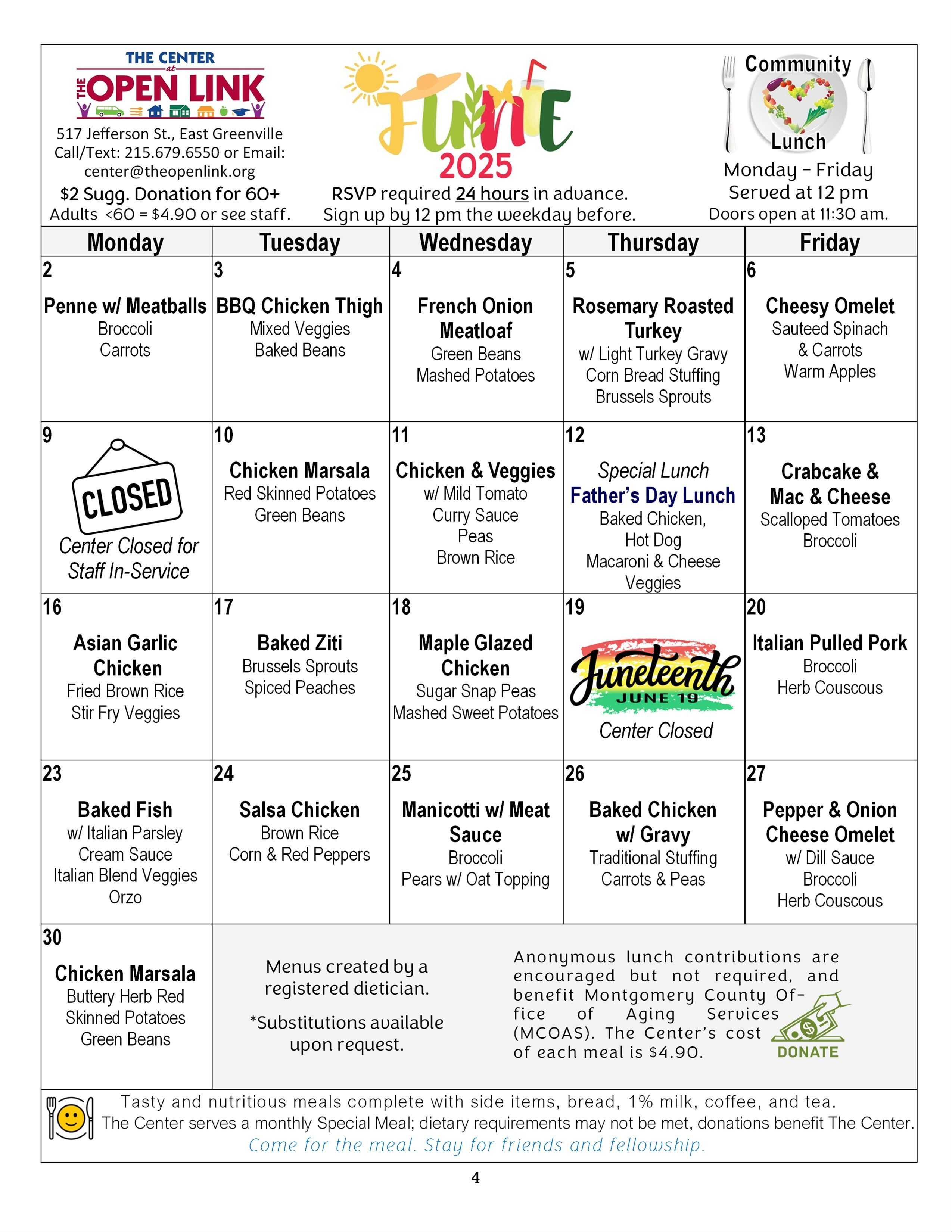June 2025 Menu
