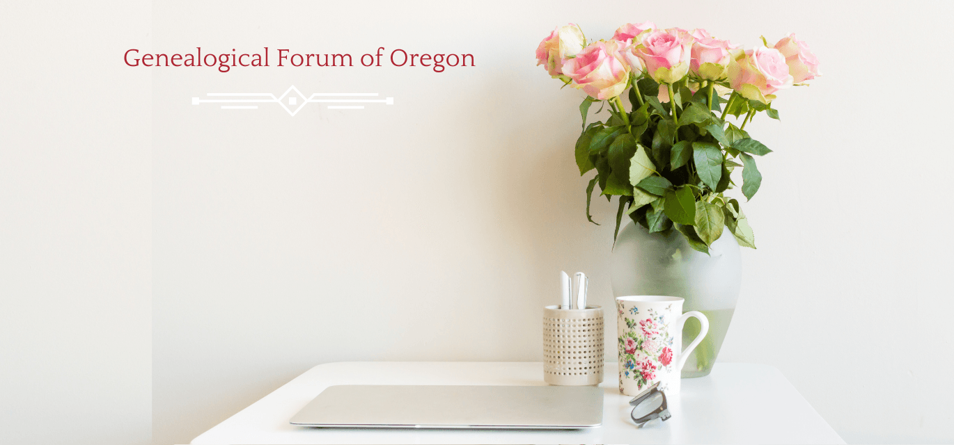 Summer-themed graphic with the text "Access GFO Resources from Home" and Genealogical Forum of Oregon logo.