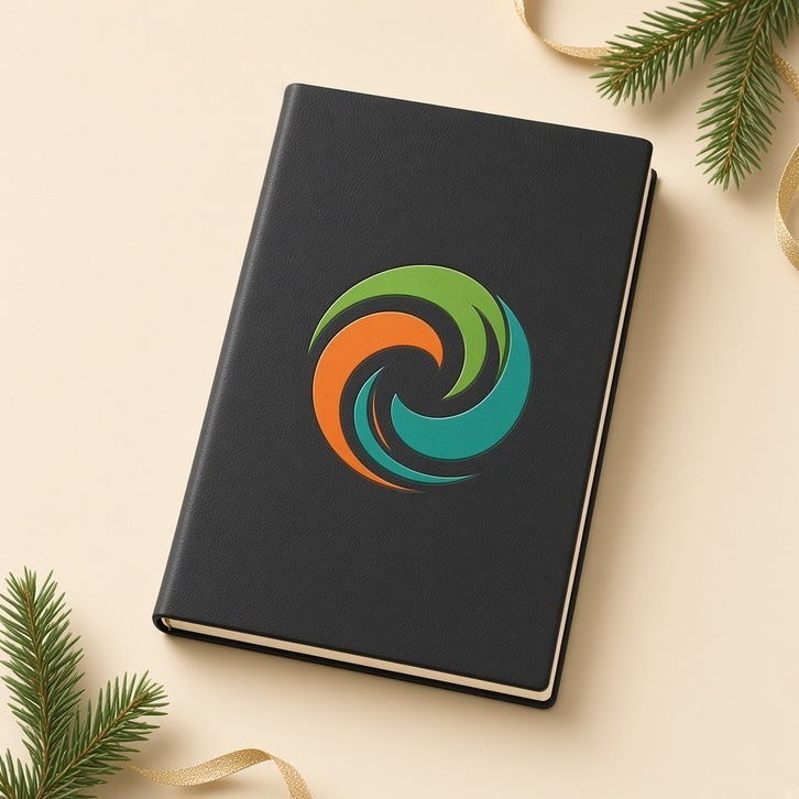 Black leatherette journal with a sample full-color logo