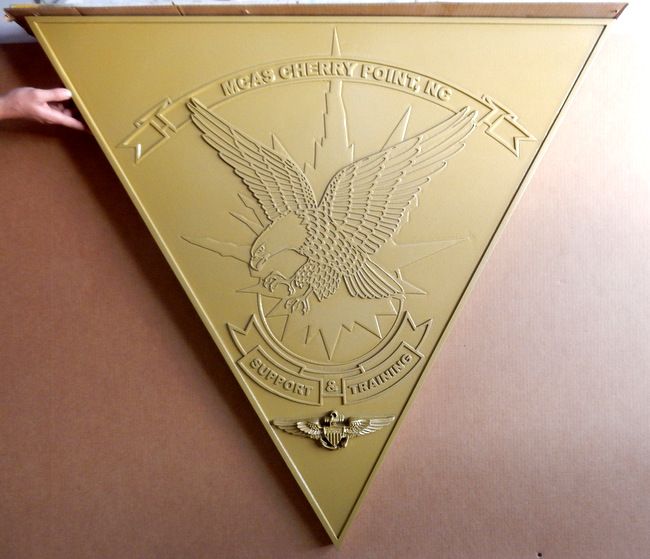 M7424 - Gold Painted Carved Wall Plaque for Marine Corps MCAS Chery Point Training Facility.