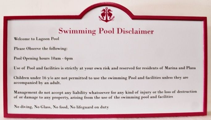 GB16382 - Carved HDU "Swimming Pool Disclaimer" Sign with Pool Opening Hours and Rules