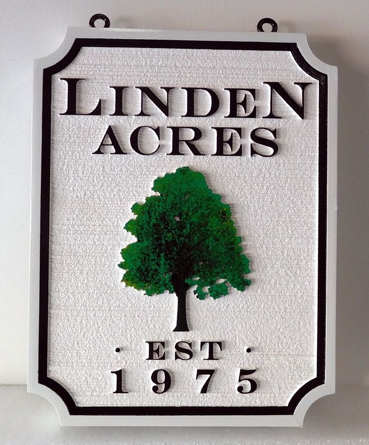 I18331 - Carved and Sandblasted 2.5D HDU  Property Name Sign,"Linden Acres" , with Carved Linden Tree as Artwork 