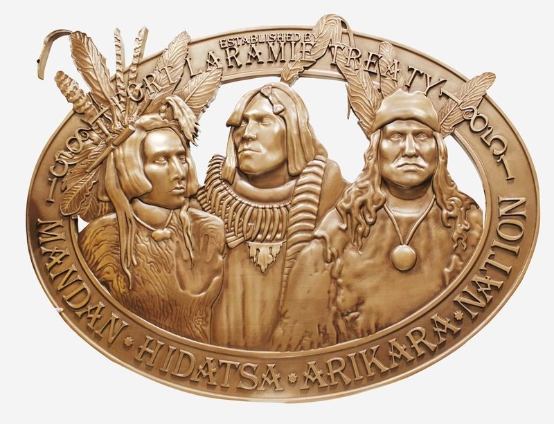 M7002 -  Large Bronze-Plated Plaque Carved in 3-D Bas-relief , Commemorating the Ft. Laramie Treaty of 1851, featuring Images of Three Native Americans of the Mandan, Hidatsa, and Arikara Nations