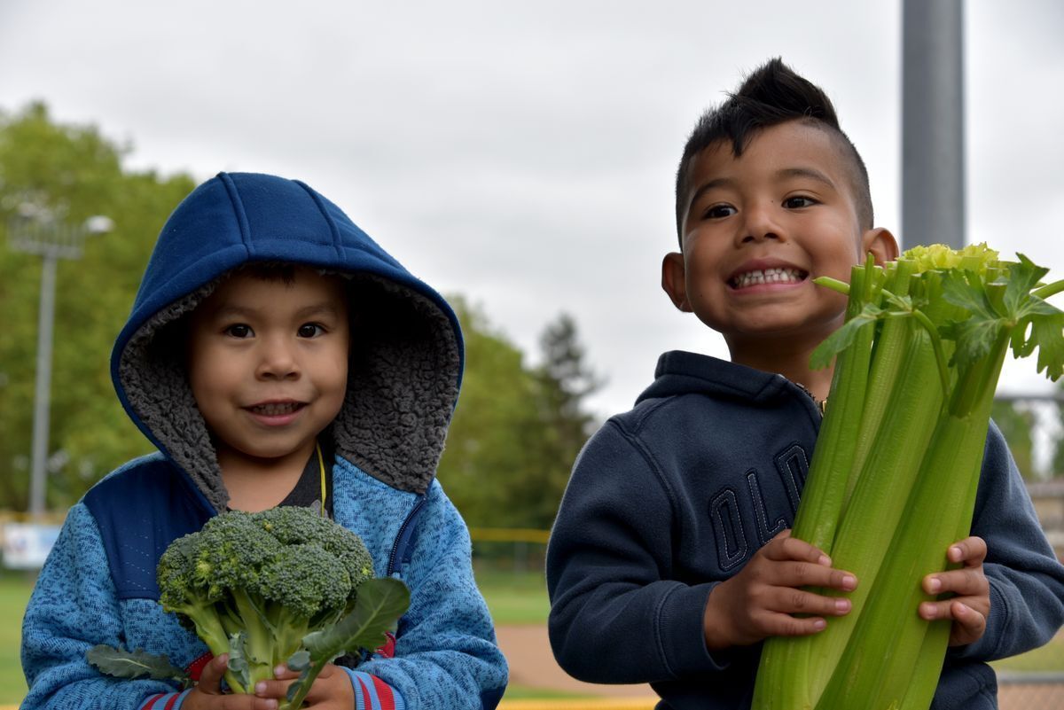 Two young boys holding produce from a food distribution