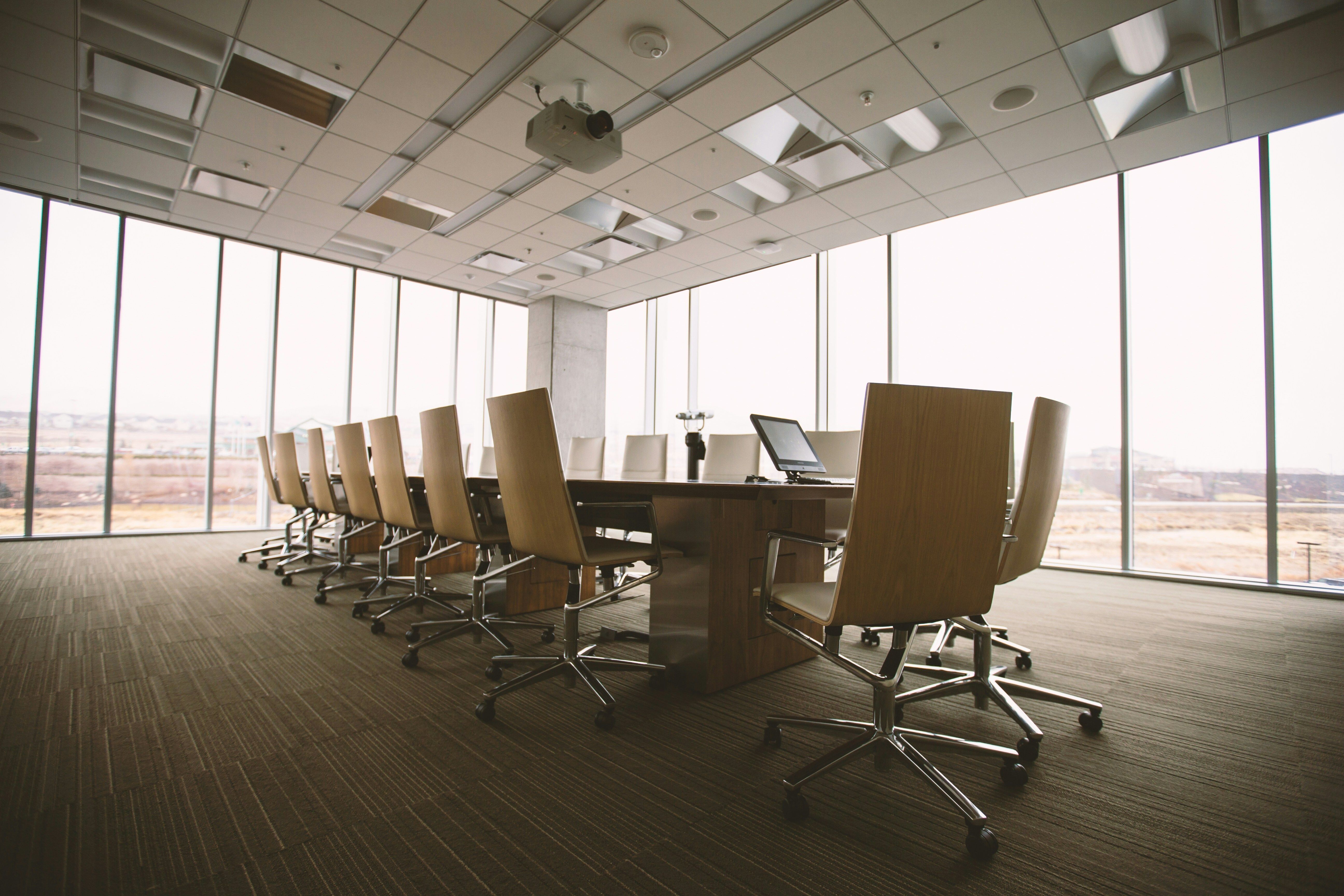 A conference table in a well-lit room