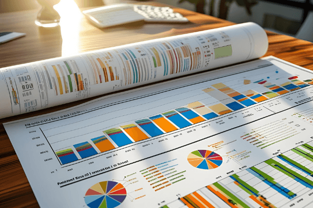 A printed Microsoft Excel spreadsheet laid out neatly on a desk, with rows and columns clearly visible. A laptop showing the Excel interface is beside it, along with a pen, notepad, and a cup of coffee—representing efficient data management and profession