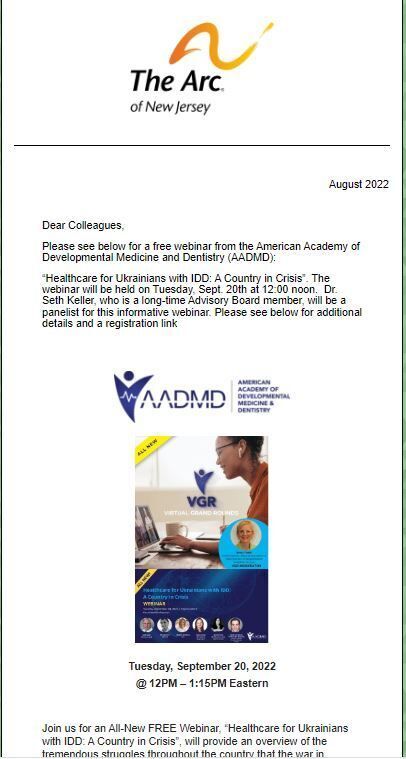 Free Webinar on Healthcare for Ukrainians with IDD, Sept. 20, 2022, from AADMD