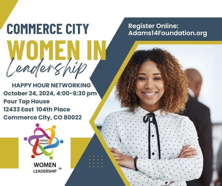 Woman smiling, arms crossed with text "Commerce City Women in Leadership"