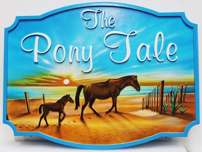 L21225 - Carved and Sandblasted 2.5-D Multi-level Relief HDU Beach House Name Sign "The Pony Tale",, with Sunset over the Ocean and Mare & Foal Walking on a Beach