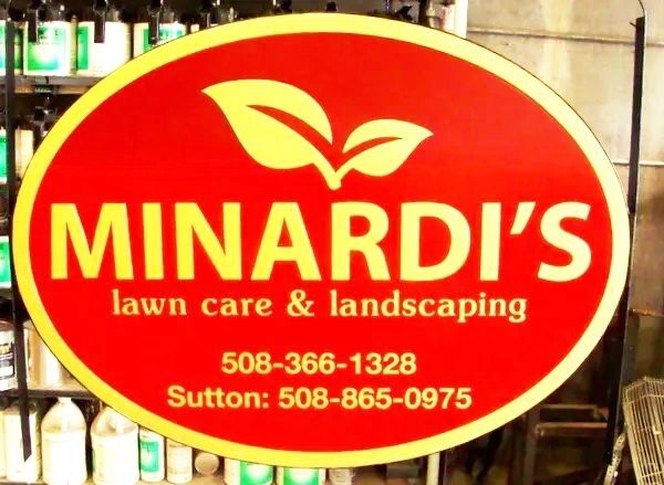 SC38204 - Carved 2.5-D Sign for "Minardi's Lawncare and Landscaping" with Leaf Logo as Artwork