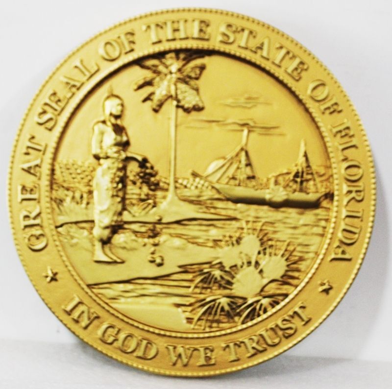 BP-1137 - Carved 3-D Brass-Plated HDU Plaque of the Seal of the State of Florida