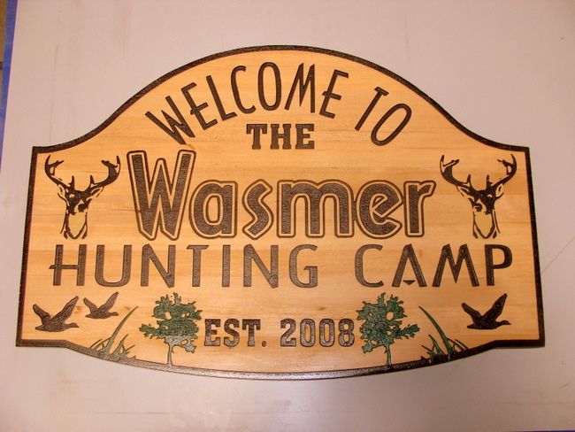 M22646 - Engraved Cedar Hunting Camp Sign with Deer Heads and Flying Ducks