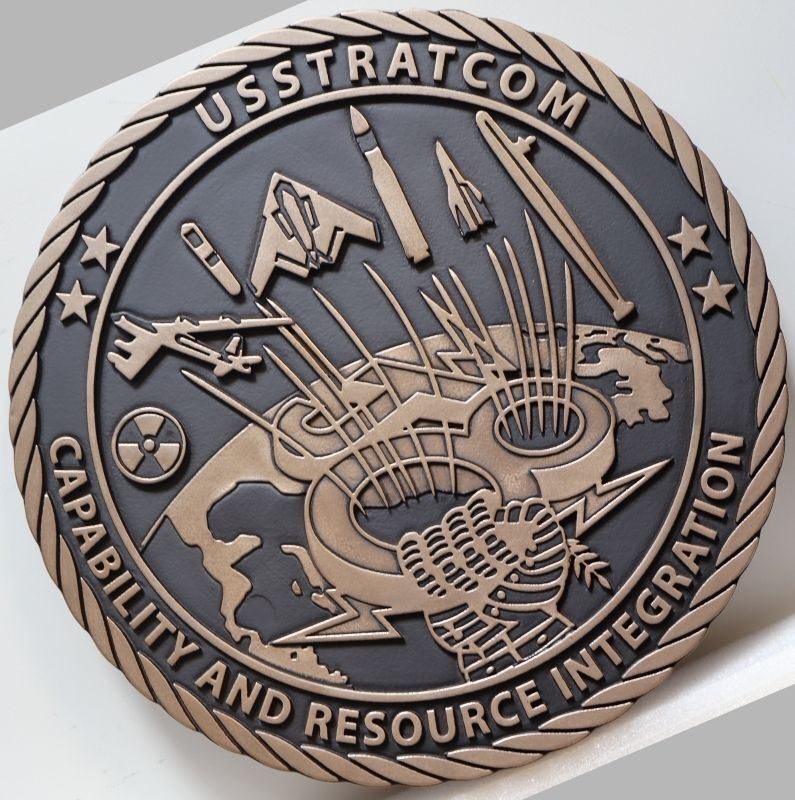 IP-1379 - Carved 2.5-D Plaque of USSTRATCOM Capability and Resource Integration Seal Plaque in Bronze-Finished HDU