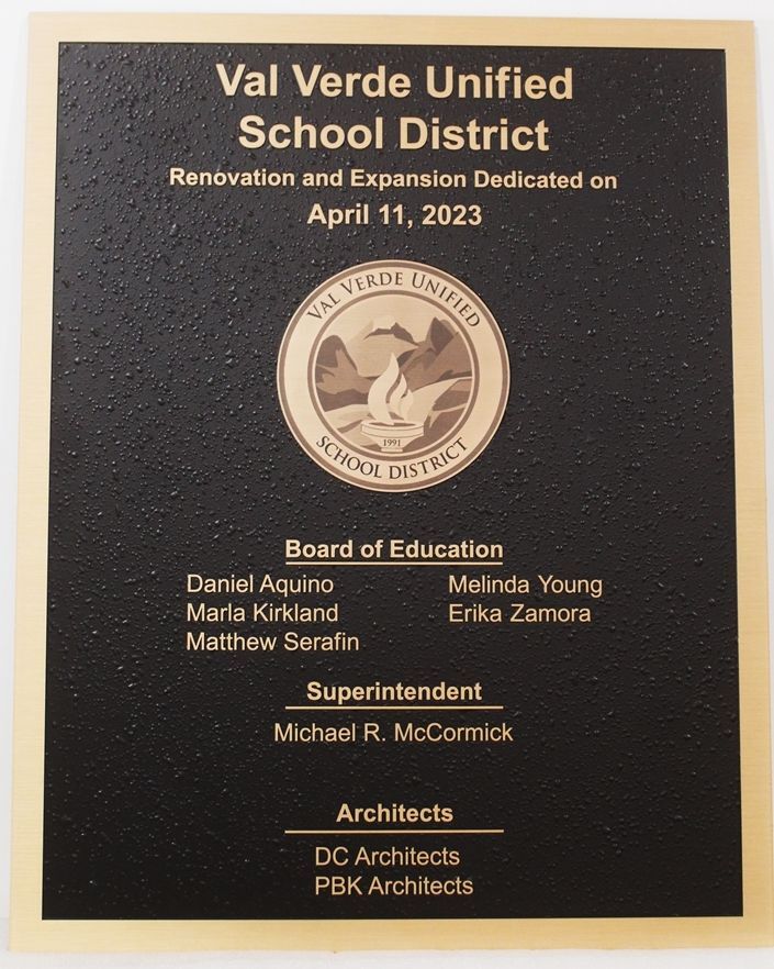 TP-1542 -Precision Machined 2.5-D Multi-Level Relief Bronze Plated Aluminum Dedication Plaque for the Val Verde Unified School District, Renovation & Expansion 