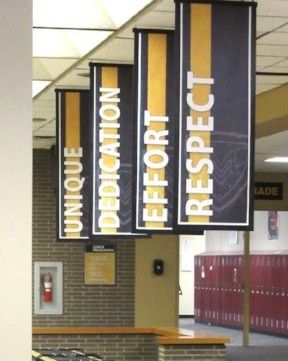 4 hanging school banners, large indoor banners, black/gold, character words, custom banners