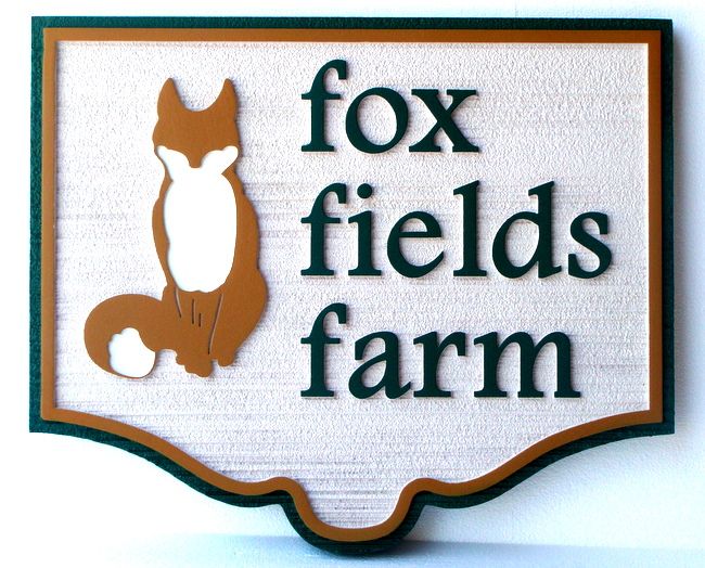 O24613 - Carved  "Fox Fields Farm" Entrance Sign, with Cute Fox Sitting Up