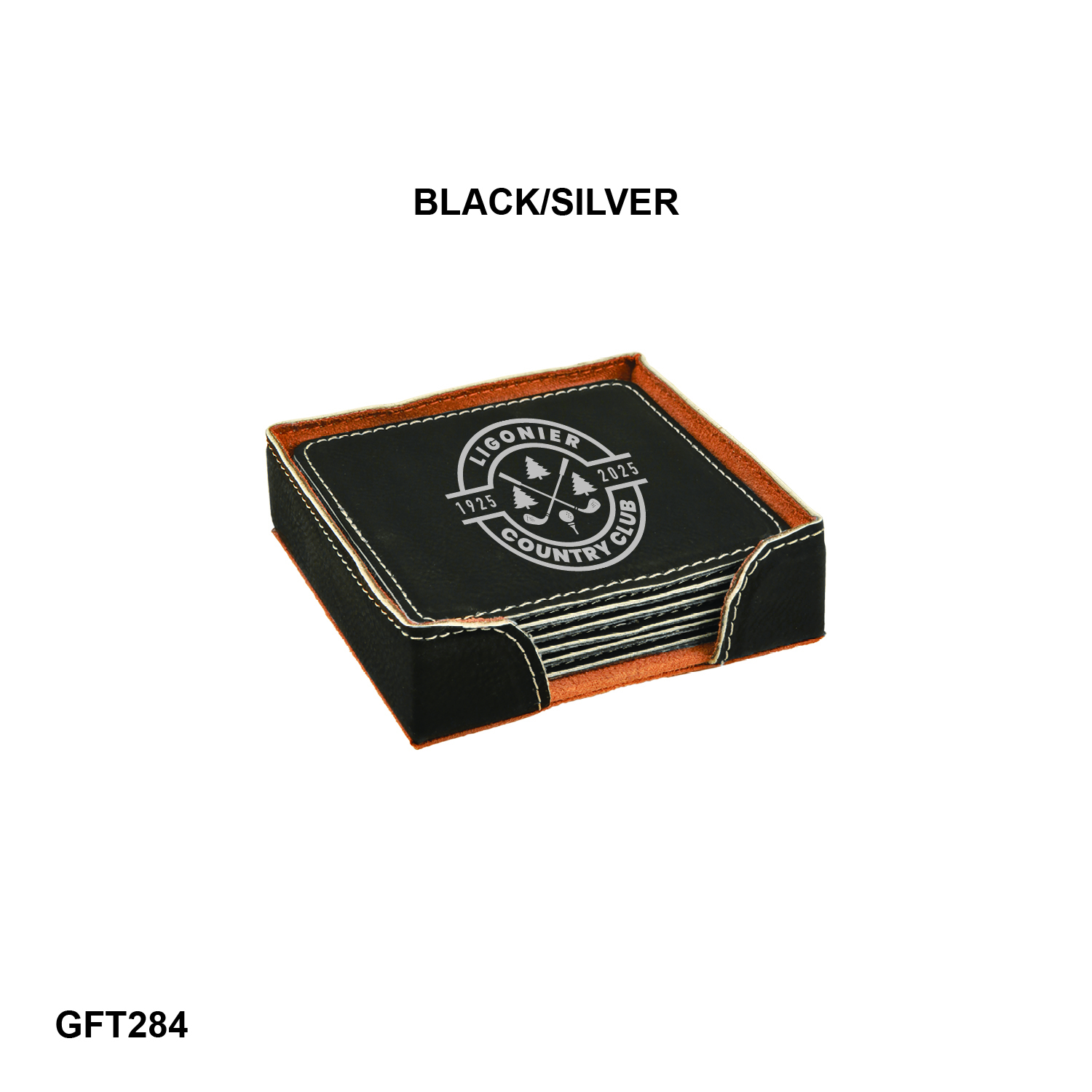 4" x 4" Black/Silver Square Laserable Leatherette 6-Coaster Set