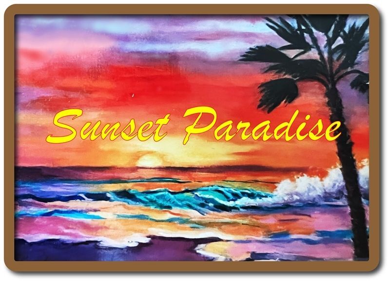 L21206 - Carved Coastal Home Sign with Artist-Painted  Scene of "Sunset Paradise",  featuring  a Palm Tree, a Beach with Surf, Clouds and the Setting Sun 