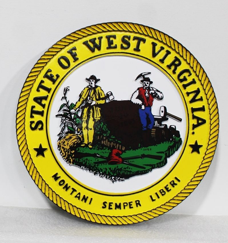 BP-1554 -  Carved 2.5-D Multi-Level Plaque of the Seal of the State of West Virginia, Artist Painted
