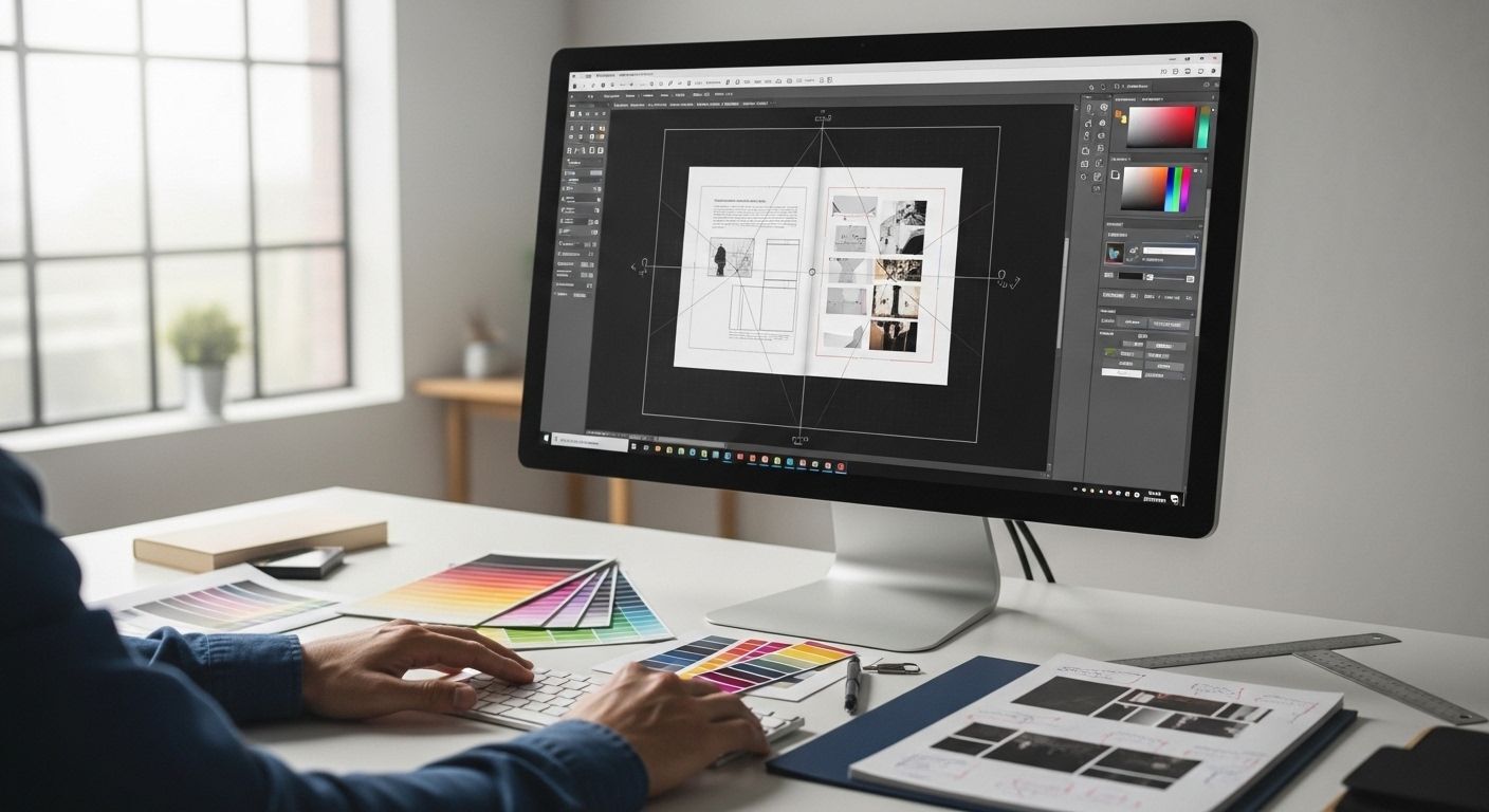 Print-ready file design on computer screen with bleed lines crop marks and CMYK settings for perfect professional printing results at Zebra Printing