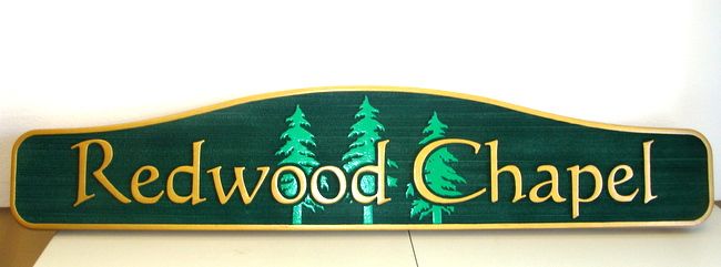 GC16370 - Carved Redwood  Chapel Sign for a Cemetery,. with Fir Trees as Artwork