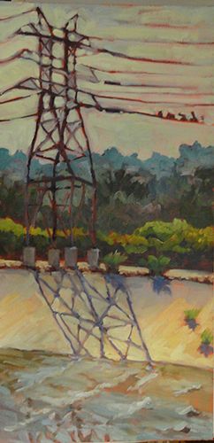 Powerlines, LA River, oil on canvas panel, 20" x 10"