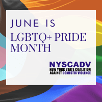 Pride Flag background with purple text over a white overlay reads "June is LGBTQ+ Pride Month" in upper right and the NYSCADV logo in the lower left.