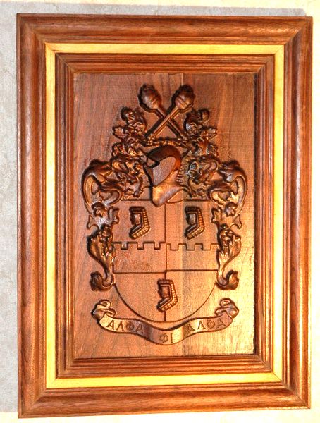 XP-1360 - Carved Wall Plaque of Fraternity Coat-of-Arms / Crest, Mahogany Wood