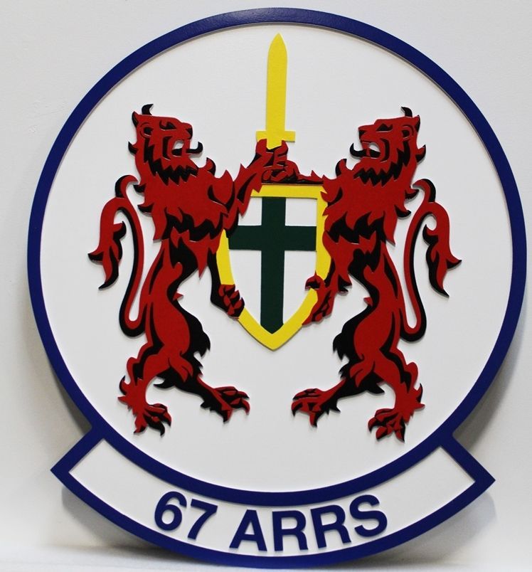 LP-8545 - Carved 2.5-D Multi-Level Raised Relief HDU Plaque of the Crest of the 67th Aerospace Rescue and Recovery Squadron (ARRS)